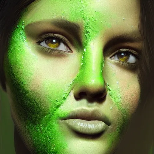 Prompt: face with green goo on it hyperrealistic portrait, photo realistic, poster, artstation, volumetric lighting, digital art, very detailed face by magali villeneuve