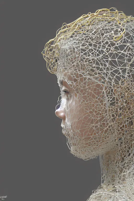 Prompt: Cinestill of a melancholic realistic 8k Sculpture of a complex robotic human face, liquid simulation, dramatic lighting, silver gold red details, hexagonal mesh wire, filigree intricate details, cinematic, fleshy musculature, white blossoms, elegant, octane render, 8k post-processing, by Yoshitaka Amano, Daytoner, Greg Tocchini