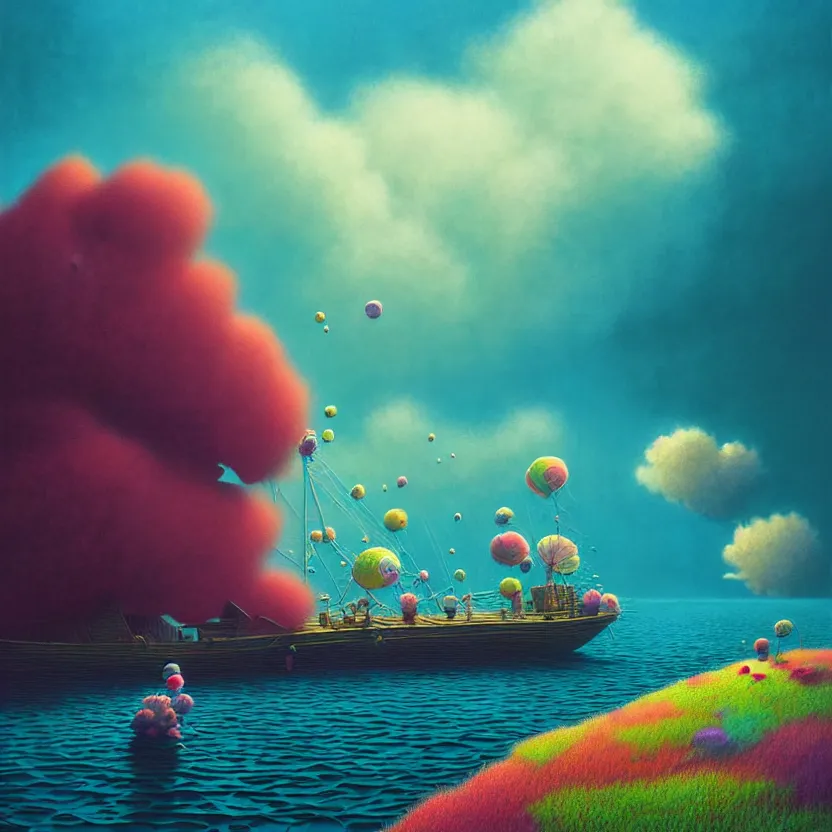 Image similar to sea cloud, summer morning, very coherent and colorful high contrast, art by! gediminas pranckevicius! geof darrow, pastel color, volumetric lighting, cinematic, floralpunk screen printing woodblock, dark shadows, hard lighting, stippling art