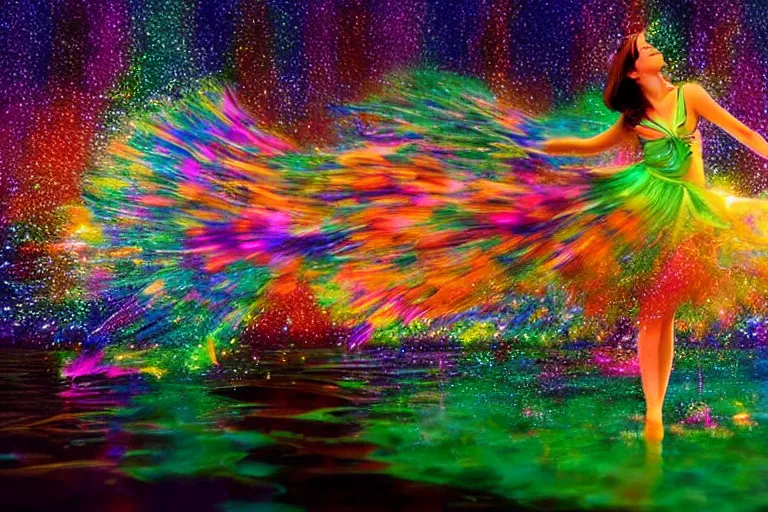 Prompt: ethereal glowing goddess dancing on a pond surrounded by colorful glowing flying fish at night cinematic