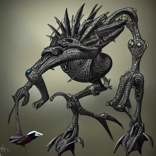 Prompt: a bird tractor hybrid creature monster with metal scales, illustration
