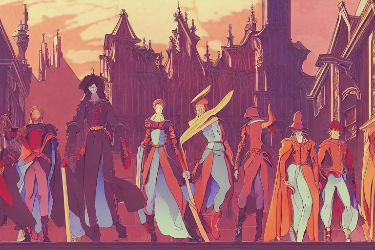 Image similar to cel shaded study of a group of mages in a late renaissance city, key visual with intricate linework, in the style of moebius, ayami kojima, 9 0's anime, retro fantasy