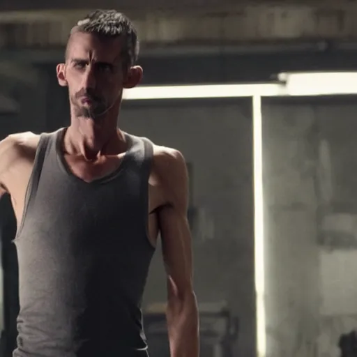 Prompt: still of scrawny Dwanye Johnson having lost 150 pounds in The Machinist remake 2029