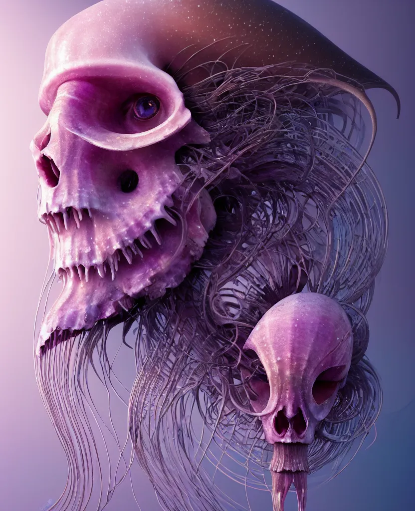 Image similar to goddess princess face close-up portrait ram skull. jellyfish phoenix head, nautilus, orchid, skull, betta fish, bioluminiscent creatures, intricate artwork by Tooth Wu and wlop and beeple. octane render, trending on artstation, greg rutkowski very coherent symmetrical artwork. cinematic, hyper realism, high detail, octane render, 8k