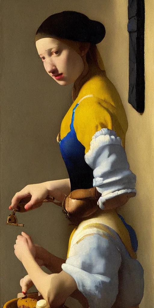 Image similar to Tifa Lockheart painted as the milkmaid by Johannes Vermeer