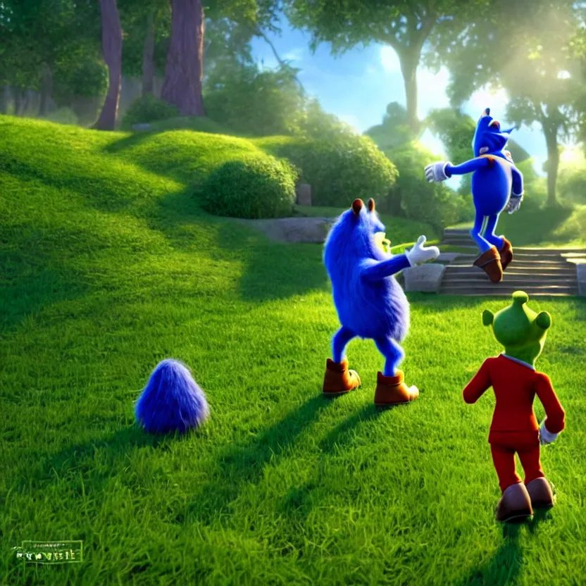 Prompt: shrek and sonic holding hands in a park, cinematic lighting, volumetric lighting, award winning photography, highly detailed, intricate, sharp focus, 4 k wallpaper, unreal engine, 9 0 mm, f / 1. 4