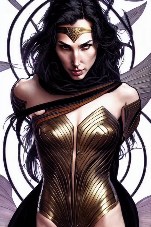 Prompt: very very beautiful longshot photo of chthonic Gal Gadot with demonic eyes and black veins, intricate, elegant, highly detailed, artstation, concept art, smooth, sharp focus, illustration, art by artgerm and moebius and alphonse mucha