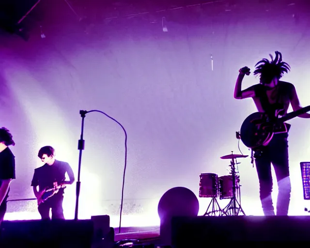 Prompt: punk singer songwriter on stage, band playing, giant led screens, soft colors, glowing - thin - wires, smoke, dust, ultrafine detail, ornate, associated press photo, band playing instruments, smoke, detailed projections, volumetric