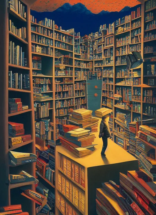 Image similar to a barnes and noble books, vintage shapes, retro technology, happy colors. rob gonsalves, oil on canvas, deep depth field, masterpiece, cinematic composition, hyperdetailed