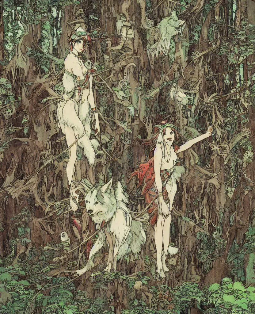 Image similar to Princess Mononoke, single figure, wolves, fully clothed in armor, lush fairy forest, neon, concept art, schematics, studio ghibli, gnarly trees, painted by norman rockwell, mucha, james gurney, high detail, denoised, sharp, architectural