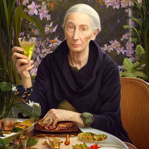 Image similar to portrait painting of jane goodall toasting with a martini, ultra realistic, concept art, intricate details, serious, highly detailed, photorealistic, octane render, 8 k, unreal engine. art by artgerm and greg rutk owski and alphonse mucha