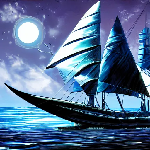 Prompt: marvel comic style, futuristic sail ship with solar panel sails mid-journey, robot sailors, HDR, 8k, digital art