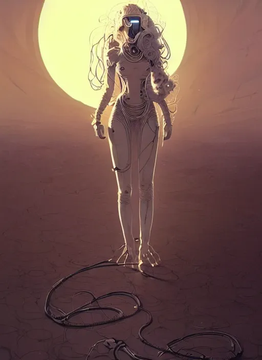 Image similar to highly detailed portrait of a cyborg long curly white hair god lady, stray wiring by atey ghailan, james gilleard, by joe fenton, by greg rutkowski, by greg tocchini, by kaethe butcher, 4 k resolution, gradient yellow, black and white color scheme!!! ( ( dystopian sandy desert background ) )