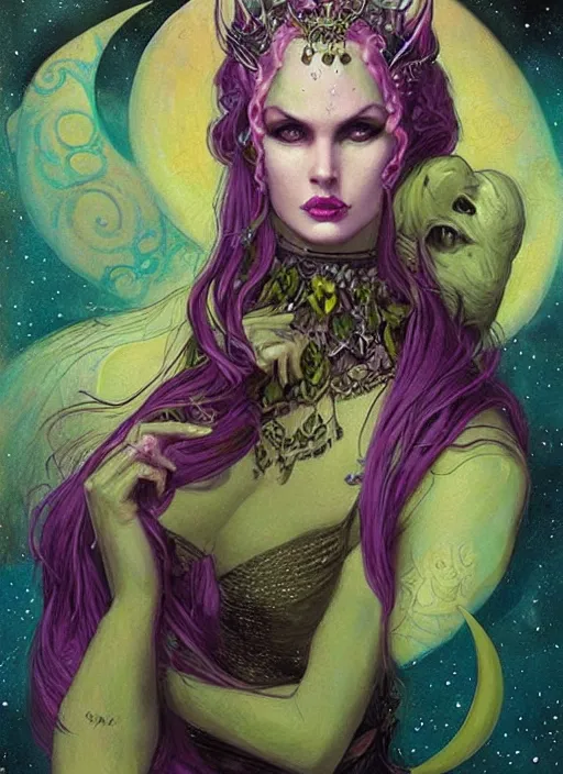 Prompt: portrait of princess of the dreamlands and moon beast, beautiful! coherent! by brom, muted colors, yellow purple green black
