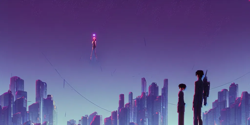 Prompt: twilight lighting, moody, atmospheric, solarpunk, eva - 0 1 from evangelion on a hill, rainy by ghibli studio and victor ngai, ghost in the shell art style, akira artstyle, pixar highly detailed, 8 k h 5 7 6