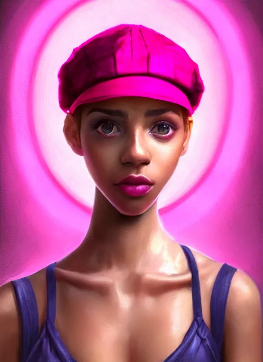 Image similar to portrait of teenage vanessa morgan with bright pink hair, black girl, curly pixie cut hair, wearing newsboy cap, pink short haircut, newsboy cap, hoop earrings, blue eyes, intricate, elegant, glowing lights, highly detailed, digital painting, artstation, concept art, smooth, sharp focus, illustration, art by wlop, mars ravelo and greg rutkowski