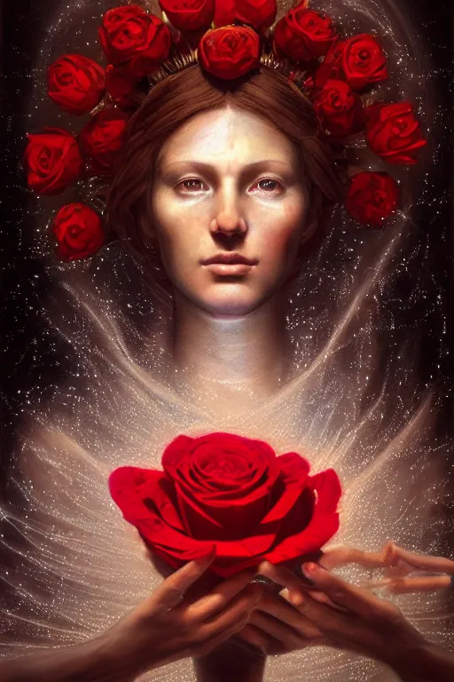 Prompt: hyperrealistic mixed media painting of Mother Mary, a halo about her head, holding a red rose, traditional beauty, stunning 3d render inspired art by P. Craig Russell and Barry Windsor-Smith + perfect facial symmetry + dim volumetric lighting, 8k octane beautifully detailed render, post-processing, extremely hyperdetailed, intricate, epic composition, grim yet sparkling atmosphere, cinematic lighting + masterpiece, trending on artstation, very very detailed, masterpiece, stunning