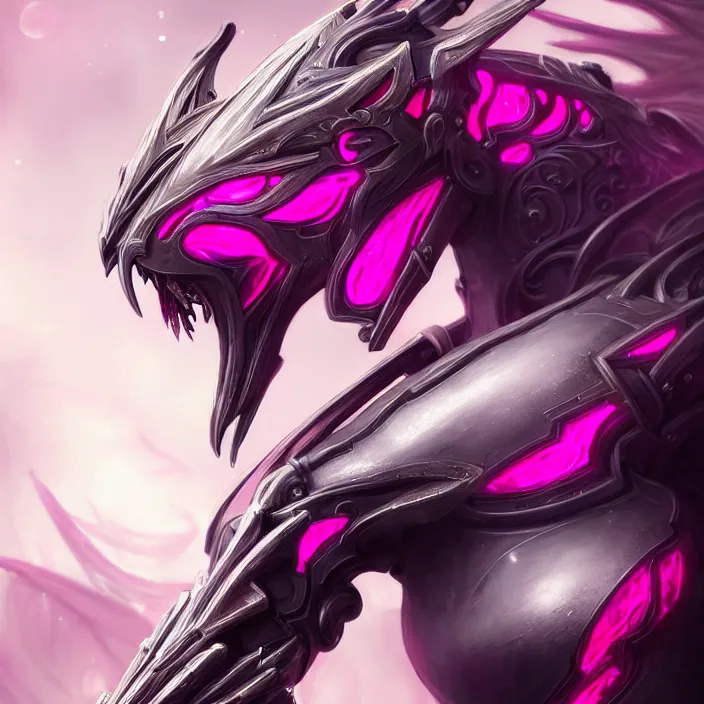 Image similar to highly detailed exquisite fanart, of a beautiful female warframe, but as an anthropomorphic robot dragon, shiny white silver armor engraved, Fuchsia skin beneath the armor, sharp claws, long tail, robot dragon hands and feet, elegant pose, close-up shot, full body and head shot, epic cinematic shot, professional digital art, high end digital art, singular, realistic, DeviantArt, artstation, Furaffinity, 8k HD render