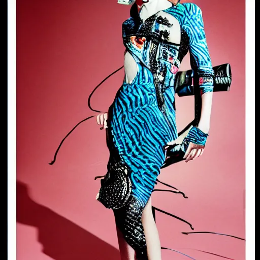 Image similar to A fashion model in dress with a print of a female body, in year 3000, Jean Paul Gaultier editorial, highly detailed