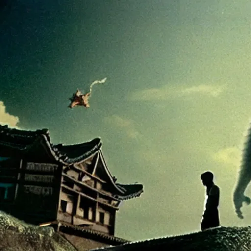 Image similar to a couple escaping from a giant Kaiju Starfish Monster over a traditional Korean village, minimal cinematography by Akira Kurosawa, movie filmstill, film noir, thriller by Kim Jong-il and Shin Sang-ok