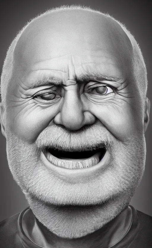 Image similar to portrait of hide the pain harold, accurate and detailed, round face, earnest, stock photo, Nikon 50mm f/1.8G, artgerm