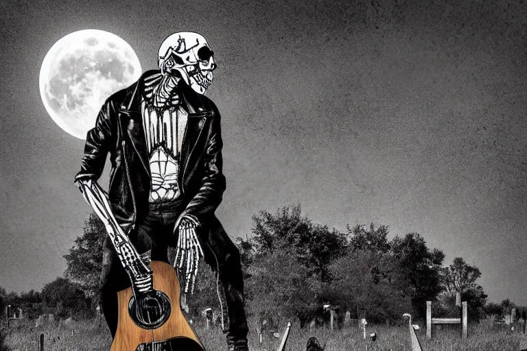 Prompt: skeleton in a leather jacket with electric guitar in his hands in a cemetery, rock concert, dark night, full moon, crows on the oak tree, highly detailed digital art, photorealistic, black and white