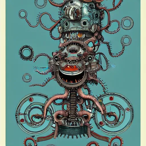 Prompt: a mechanical blueprint of a lovecraftian mechanized funny crazy monster sitting on the tree, wide shot,, muted colors, post grunge, studio ghibli, hq, art by artgem