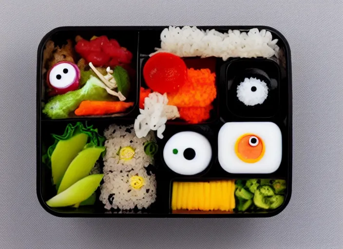 Image similar to photo of a japanese bento box from above. It is completely normal except it has human eyeballs in it.
