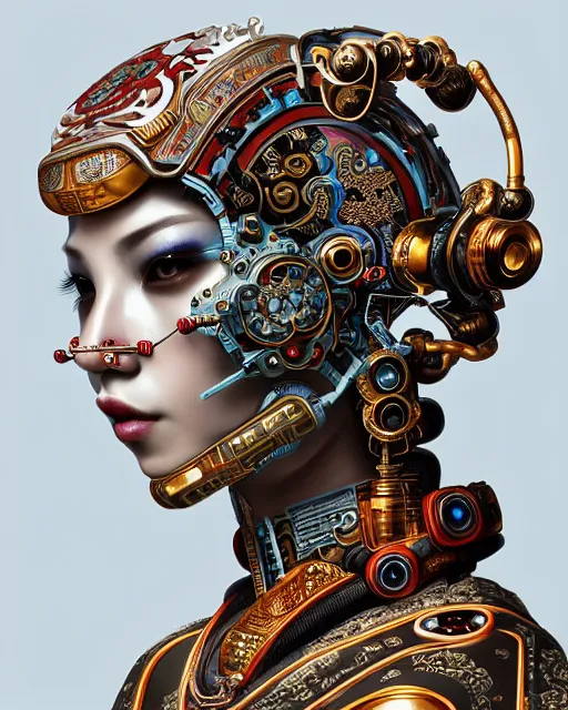 Image similar to portrait of a cyberpunk machine, machine face, upper half portrait, decorated with chinese opera motifs, asian, fine china, traditional chinese art, intricate, elegant, highly detailed, symmetry, headpiece, digital painting, artstation, concept art, smooth, sharp focus, illustration, art by artgerm and greg rutkowski and alphonse mucha, 8 k