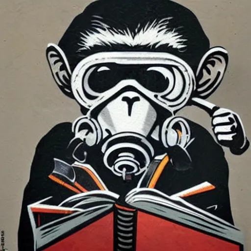 Image similar to a single Monkey reading a book, wearing a gas mask, graffiti, edge to edge, solid color background intricate, highly detailed, smooth, sharp focus, detailed face and body, high contrast, art by banksy