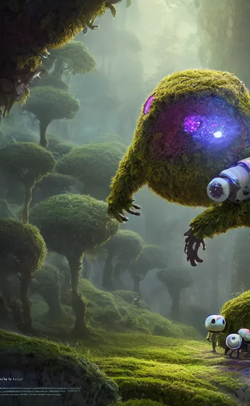 Prompt: microscopic tardigrades, magical forest, community, water bear, robots, electric, furry, soft, concept art, intricate details, highly detailed, photorealistic, disney pixar, octane render, iridescent, anime, 8 k