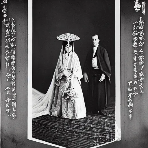 Prompt: A wide full shot, colored black and White Russian and Japanese mix historical fantasy a photograph portrait taken of inside a royal wedding shrine of the aisle, 1907 photo from the official wedding photographer for the royal wedding.