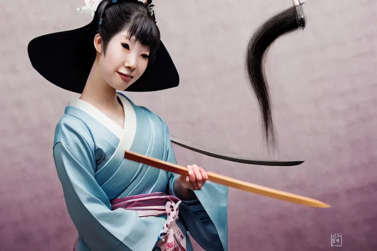 Prompt: beautiful photo of a young modern geisha samurai practising the sword in a traditional japanese temple, mid action swing, beautiful eyes, huge oversized sword, award winning photo, muted pastels, action photography, smiling into the camera, 1 / 1 2 5 shutter speed, dramatic lighting, anime set style