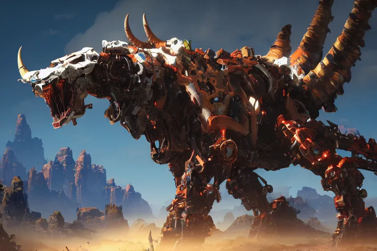 Image similar to grimhorn fanghorn machine mecha animal beast robot of horizon forbidden west horizon zero dawn bioluminiscence global illumination ray tracing hdr fanart arstation by sung choi and eric pfeiffer and gabriel garza and casper konefal