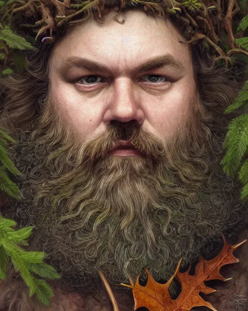 Image similar to patrick rothfuss as a forest druid with antlers, and leaves in his beard | highly detailed | very intricate | symmetrical | cinematic lighting | award - winning | closeup portrait | painted by donato giancola and mandy jurgens and charlie bowater | featured on artstation