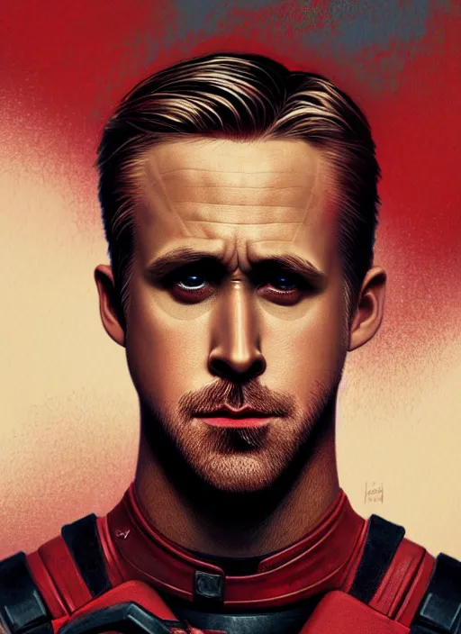 Image similar to ryan gosling as deadpool, gorgeous, portrait, Symmetrical, powerful, intricate, beautiful, masterpiece, elegant, volumetric lighting, highly detailed, artstation, sharp focus, no cropping, illustration, Jean-Leon Gerome , ruan jia