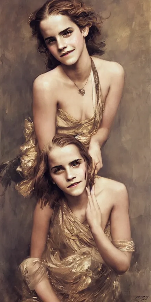 Image similar to emma watson coyly smiling detailed portrait painting by gaston bussiere craig mullins j. c. leyendecker photograph by richard avedon peter lindbergh annie leibovitz