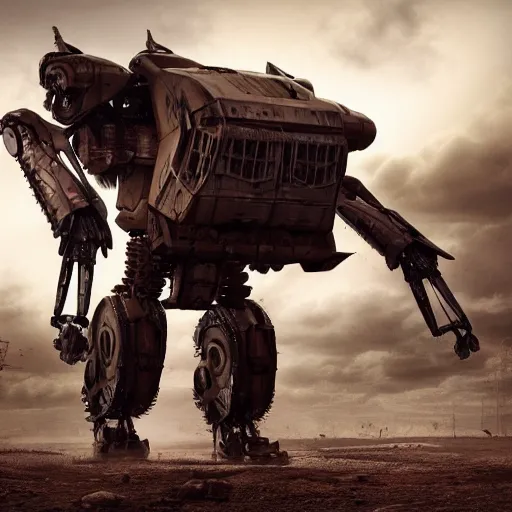 Image similar to A large mech full body, facing forward bleak tone, post apocalyptic setting, Nuttavut Baiphowongse, Mark Armstron, amad, rendered by octane, 8k, ultra 8k, hyper realistic, photorealistic, photo