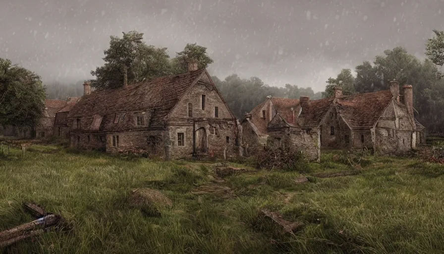 Prompt: old abandoned medieval english village at rainy day, grey sky, muddy ground, vegetation, cows in the meadow, hyperdetailed, artstation, cgsociety, 8 k