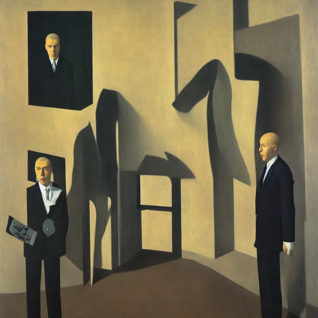 Prompt: self portrait of a shark humanoid man in an empty room, by rene magritte, monet, and turner