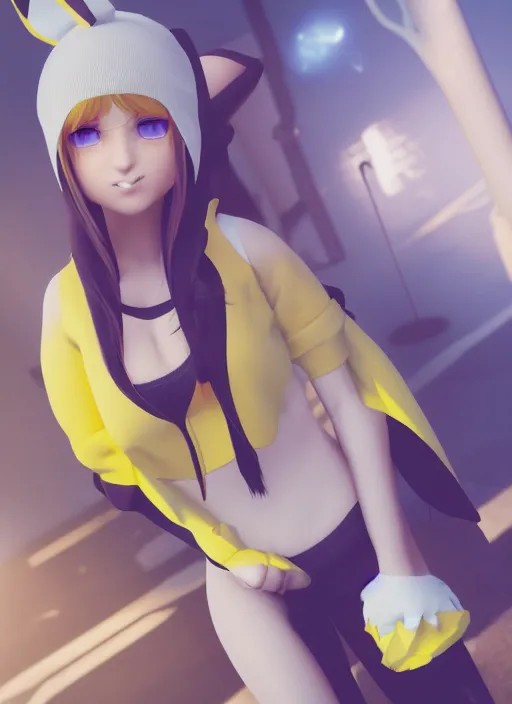 Image similar to vrchat, secondlife, imvu, 3 d model of a girl in a pikachu hoodie, hq render, detailed textures, artstationhd, booth. pm, highly detailed attributes and atmosphere, dim volumetric cinematic lighting, hd, unity unreal engine