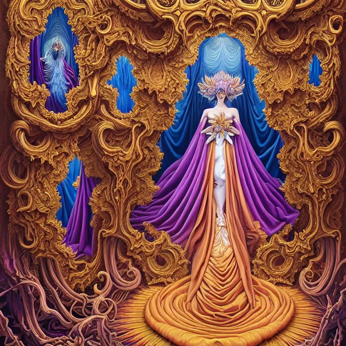 Image similar to beautiful oil painting, full length portrait of dauphinois in baroque coronation robes 1701, Dan Mumford, Dan Mumford, Alex grey, hyacinthe rigaurd, highly detailed , lsd visuals, dmt fractal patterns, hallucinogen, visionary art, psychedelic art, ornate, vaporwave, baroque, Greg rutkowski