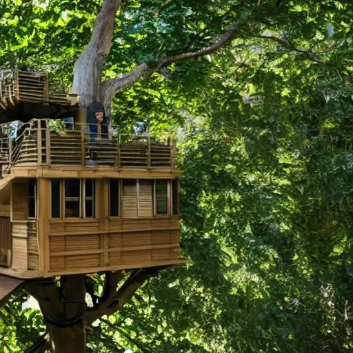 Prompt: mark zuckerberg sitting on the roof of a treehouse in a solarpunk utopia