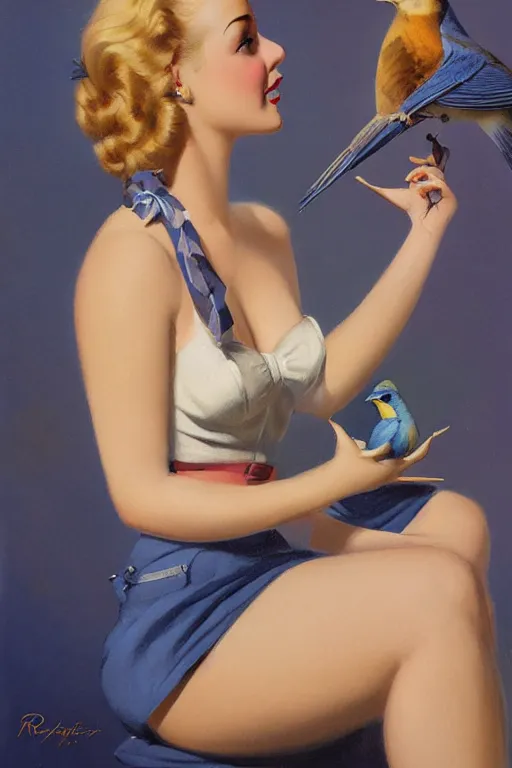 Image similar to portrait of 1 9 4 0 s blond pinup girl holding an indigo bunting, bird, the bird is wearing a bowtie, by greg rutkowski, rossdraws, gil elvgren, enoch bolles, porcelain skin, glistening, very coherent,