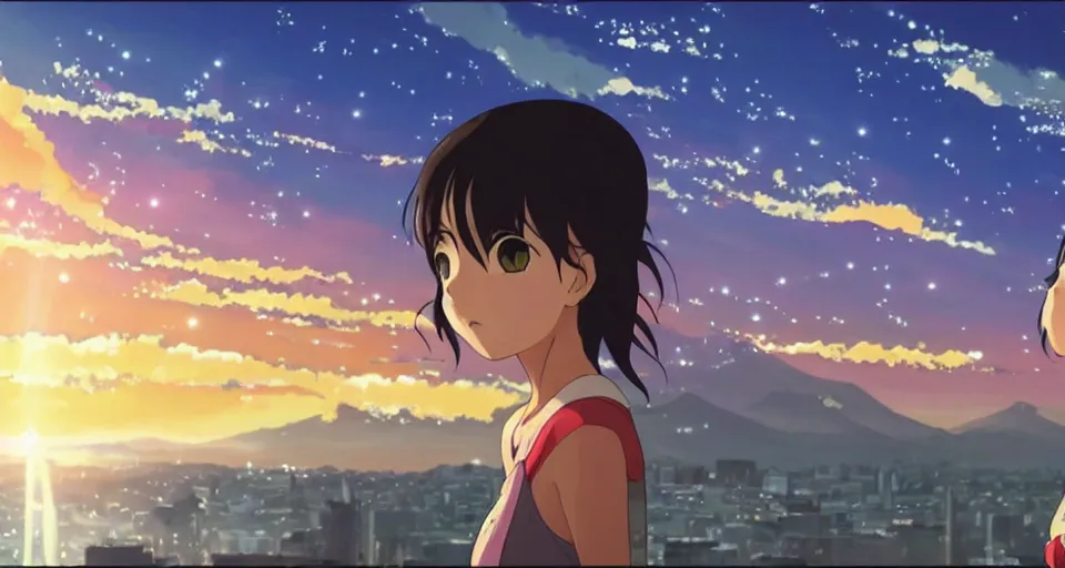 Prompt: a stunning frame from the anime kimi no na wa your name, a cute cat girl in a bathing suit looks at the city before the end, beautiful, ultradetailed face.