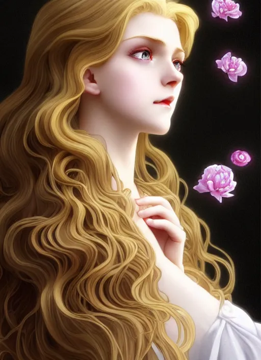 Image similar to young vampire blond girl, goddess of obsidian diamonds and black peonies, with long curly, golden hair, perfectly proportioned face, brown eyes, sweet smile, strong jawline, natural lighting, path traced, god rays, highly detailed, high quality, cartoon, digital painting, by new haicheng studio ghibli and riccardo federici and alphonse mucha