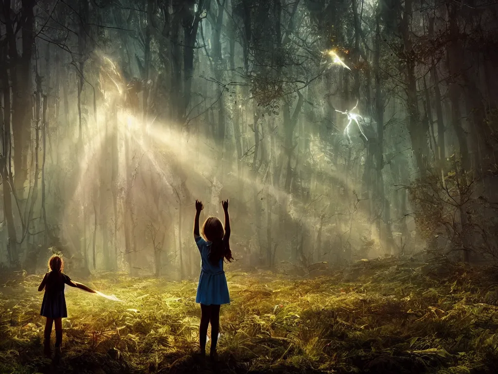 Image similar to the great beyond, sci - fi scene future new york, little girl holding a hand of a big robot, forest punk, crepuscular rays, epic scene, hyper realistic, photo realistic, overgrowth, cinematic atmosphere, ethereal lighting