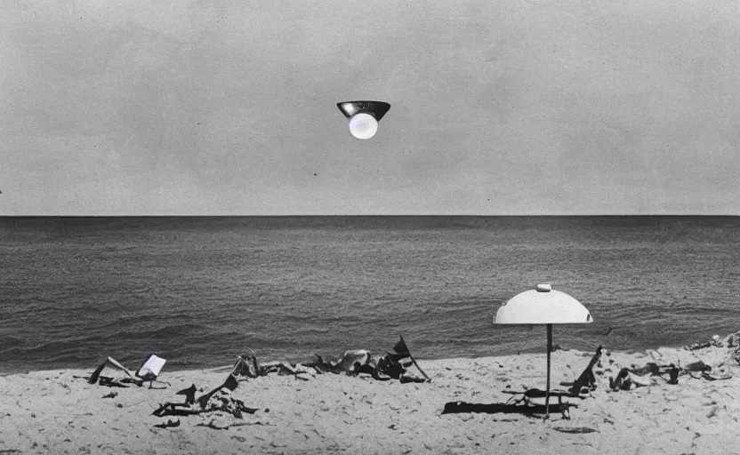 Prompt: ufo above a beach, old photo, newspaper photo, front page news