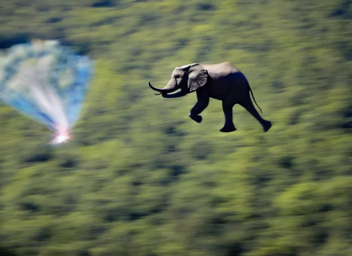 Prompt: dslr photo still of an elephant leaping off a mountain flying through the air, 4 k, 1 2 0 mm f 1 6