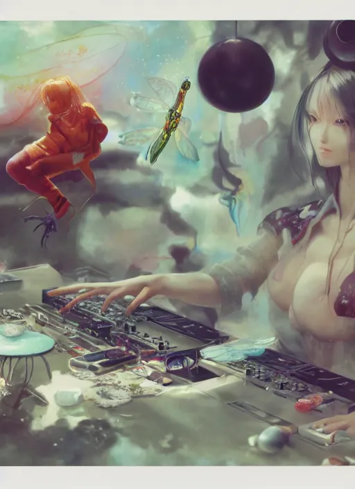 Image similar to surreal gouache painting, by yoshitaka amano, by ruan jia, by Conrad roset, by good smile company, detailed anime 3d render of a medicine pills Surrounded by a magical dragonfly and a big DJ Mixer, deck, portrait, cgsociety, artstation, rococo mechanical and Digital and electronic, dieselpunk atmosphere